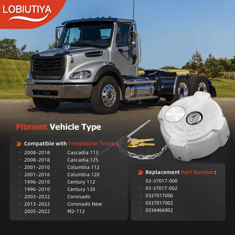 Heavy duty truck with 2 Pack 3 Inch Female One Quarter Turn Locking Diesel Non Vented Fuel Tank Cap, compatible with Freightliner.