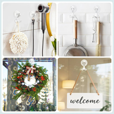 Clear Suction Cup Razor Holder 2-Pack For Shower, Removable And Reusable Razor Hooks For His And Hers, holding various items.