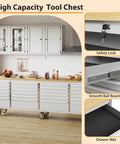 Heavy Duty Mobile Tool Chest With Smooth Rolling Casters And A Tight Locking System For The Ultimate Garage Setup, shown with safety lock and smooth drawers.