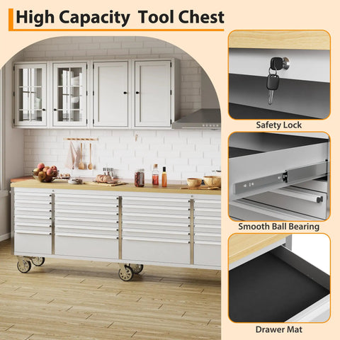 Heavy Duty Mobile Tool Chest With Smooth Rolling Casters And A Tight Locking System For The Ultimate Garage Setup, shown with safety lock and smooth drawers.
