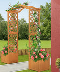 Natural Fir Wood Garden Arbor With Planter Boxes, Outdoor Trellis For Climbing Plants Like Roses And Vines in lawn setting