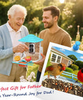 Two people holding a 2K HD Bird Feeder Camera With Solar Power And 32GB Card Auto Detect And Notify AI ID 155 Degree Wide View Color Night Vision Wireless Outdoor Backyard Bird Feeder With 2.4G WiFi For Bird Lovers Gift and a photo of birds by the feeder