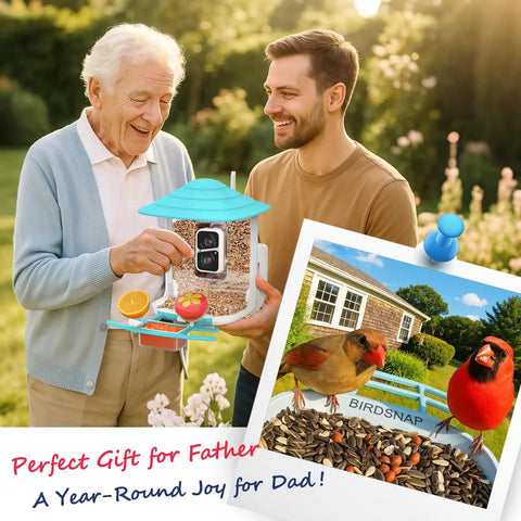 Two people holding a 2K HD Bird Feeder Camera With Solar Power And 32GB Card Auto Detect And Notify AI ID 155 Degree Wide View Color Night Vision Wireless Outdoor Backyard Bird Feeder With 2.4G WiFi For Bird Lovers Gift and a photo of birds by the feeder