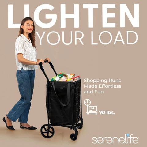 Woman using Compact Folding Shopping Cart With Removable Waterproof Liner, 360 Degree Swivel Wheels, Rust Proof Steel Frame, 70 Lb Capacity for groceries