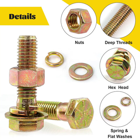 Kickass 800 Piece SAE Hex Bolt And Nut Assortment Kit With Lock Washers Featuring 1/4 Inch 20 Tpi showing hex bolts, nuts, and washers.