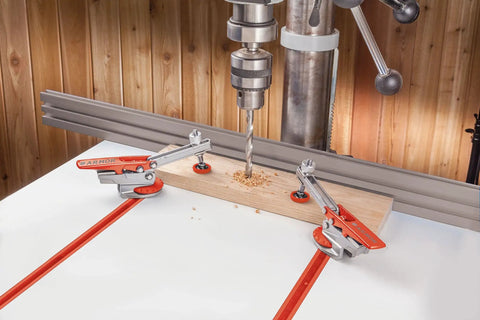 Hold Down Clamp For T Track, Auto Adjust Horizontal T Track Clamp With 360 Degree Rotation securing wood on drill press.