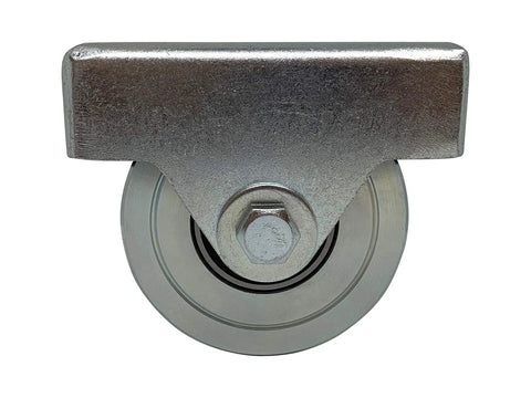 Front view of 4 Inch Wheel For Sliding Gates With V Groove Tracks, Stainless Steel Welded Bracket, 3000 Lb Capacity Per Wheel, Universal Fit Caster Assembly