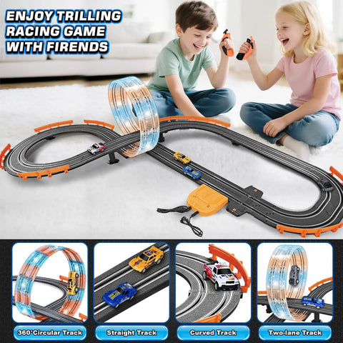 Children playing with Action Packed High Speed Slot Car Race Track Set With Four Cars And Dual Controllers For Kids Ages 6 To 12
