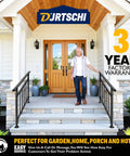 Kick Your Porch Game Up With Solid Wrought Iron Handrails For Outdoor Steps Featuring Secure Side Fence And Easy Install Kit Heavy Duty Black Exterior Railing For Concrete Or Wood Stairs with man on porch.