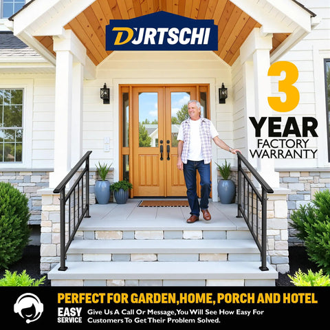Kick Your Porch Game Up With Solid Wrought Iron Handrails For Outdoor Steps Featuring Secure Side Fence And Easy Install Kit Heavy Duty Black Exterior Railing For Concrete Or Wood Stairs with man on porch.