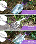 11 Piece Garden Tool Kit With Aluminum Alloy Hand Tools showing small trowel, hand rake, large trowel in garden use