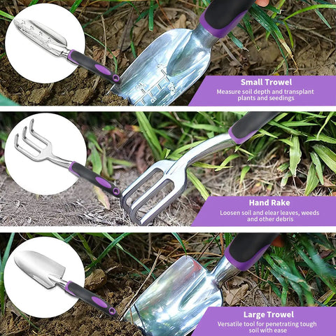 11 Piece Garden Tool Kit With Aluminum Alloy Hand Tools showing small trowel, hand rake, large trowel in garden use