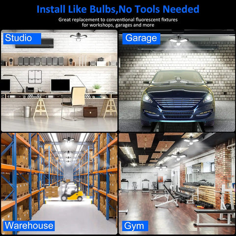 Ultra Bright LED Garage Light 45W 6500K Three Panel Fixture illuminating studio, garage, warehouse, and gym spaces.