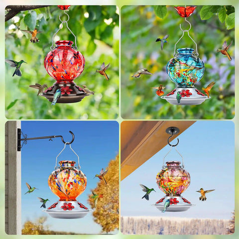 Hand Blown Glass Hummingbird Feeder For Outdoors Hanging With Bee Proof Ports And Ant Moat 360 Degree Perch Leak Proof 22oz Blue Peony Gift For Women Men Mom Dad