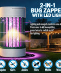Portable USB Skeeter Zapper Lamp With 4000V Grid Rechargeable Bug Killer Trap Blue UV Light Attracts Skeeters For Indoor Outdoor Use Easy Clean Tray Ideal For Camping Bedroom Patio Kitchen, shown with glowing purple UV light on patio.