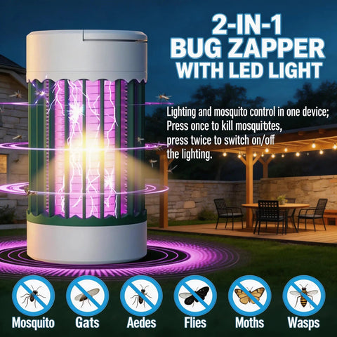 Portable USB Skeeter Zapper Lamp With 4000V Grid Rechargeable Bug Killer Trap Blue UV Light Attracts Skeeters For Indoor Outdoor Use Easy Clean Tray Ideal For Camping Bedroom Patio Kitchen, shown with glowing purple UV light on patio.