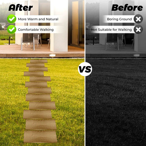 Before and after installation of Two Piece Wood Look Concrete Paver Molds For DIY Projects, showing wood-like stepping stones on grass.
