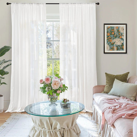 White Linen Semi Sheer Curtain Panels Cozy Two Pack 84 Inch Length Rod Pocket Light Filtering Drapes in living room