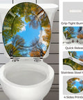 Toilet Seat Round Resin for Bathroom with colorful tree design, fits various sizes, features quick release and stainless steel hinges.
