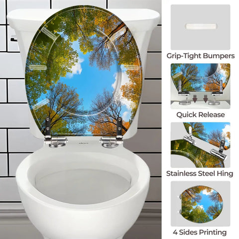Toilet Seat Round Resin for Bathroom with colorful tree design, fits various sizes, features quick release and stainless steel hinges.