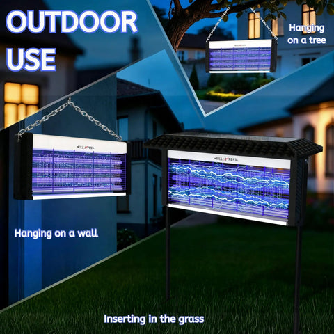Solar Powered Bug Zapper For Outdoor Use Waterproof Backyard Mosquito And Fly Killer 4500V Grid shown hanging and on grass