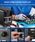 Person using 30V 10A Bench Power Supply With Encoder Knob Four Memory Presets OCP OVP Protection USB for electronics repair
