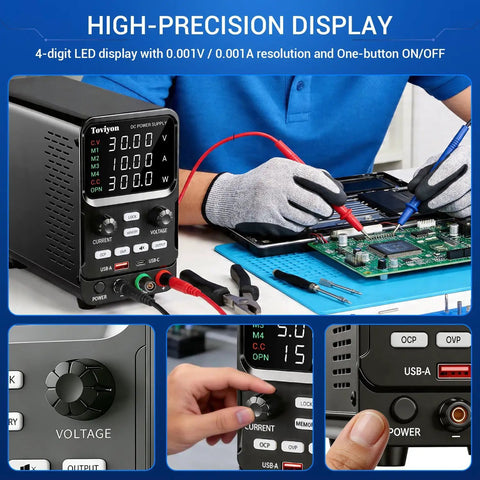 Person using 30V 10A Bench Power Supply With Encoder Knob Four Memory Presets OCP OVP Protection USB for electronics repair