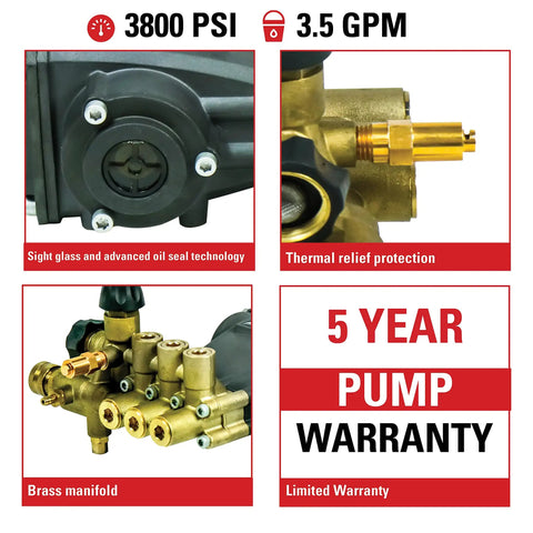 Horizontal Triplex Plunger Replacement Pressure Washer Pump Kit Built Tough For 3800 PSI At 3.5 GPM With 1 Inch Shaft Siphon Tube
