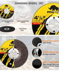 Close-up of 4.5 Inch Angle Grinder Disc with specifications including diameter, thickness, and material for cutting and grinding.
