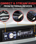 Boat Bluetooth Marine Stereo Receiver With Wireless Music Streaming And Hands Free Calling Din Size Head Unit CD MP3 USB AUX AM FM Radio 300 Watt Peak Power 4 Channel Output For Onboard Marine Audio showing connectivity features.