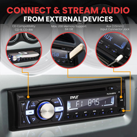 Boat Bluetooth Marine Stereo Receiver With Wireless Music Streaming And Hands Free Calling Din Size Head Unit CD MP3 USB AUX AM FM Radio 300 Watt Peak Power 4 Channel Output For Onboard Marine Audio showing connectivity features.