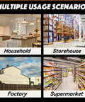 Collage showing various usage scenarios: kitchen, warehouse, factory, supermarket.