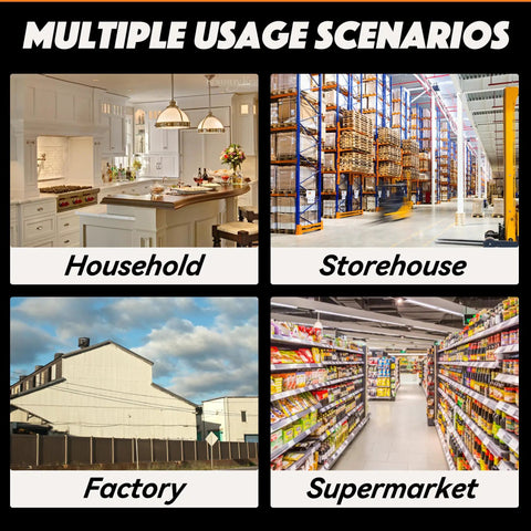 Collage showing various usage scenarios: kitchen, warehouse, factory, supermarket.