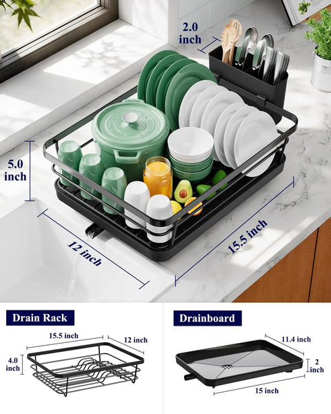 Compact Dish Drying Rack For Kitchen Counter Black Space Saving Drainer with dishes and utensils on a countertop.