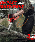 Man using Powerful Mini Chainsaw Kit 8-Inch And 6-Inch 2-In-1 Cordless Electric Chainsaw With Brushless Motor for tree pruning.