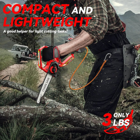Man using Powerful Mini Chainsaw Kit 8-Inch And 6-Inch 2-In-1 Cordless Electric Chainsaw With Brushless Motor for tree pruning.