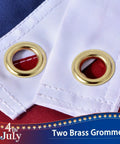 Close-up of two brass grommets on Outdoor 3x5 Foot American Flag Built Tough Deluxe Heavy Duty Spun Polyester