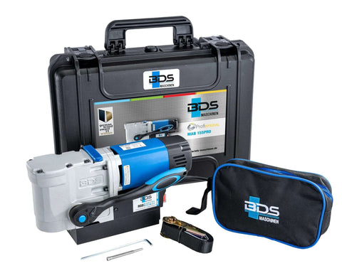 MAB 155PRO magnetic drill, blue/gray body, with BDS Maschinen case.