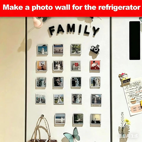 Bulk 100 Set Acrylic Fridge Magnet Kit for 2.5x2.5 inch photo magnets displayed on fridge