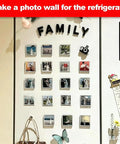 Family photo wall with square magnets, using Bulk Square Magnet Maker Kit For DIY Projects 2x2 Inch 50x50mm Cardboard Backing.