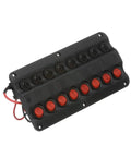 LED 12V 8 Switch Boat Distribution Panel Pre Wired And Panel Mounted With Illuminated Rocker Switches for marine use, angled view