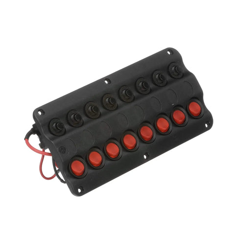 LED 12V 8 Switch Boat Distribution Panel Pre Wired And Panel Mounted With Illuminated Rocker Switches for marine use, angled view