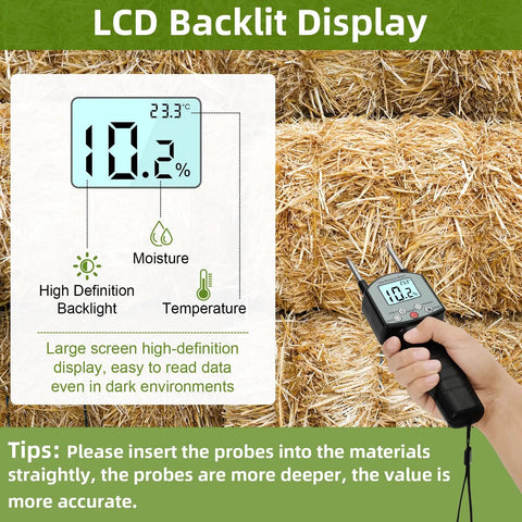 Portable Hay Moisture Tester With Backlit Large Screen, Dead-On 0.5% Accuracy, Fast Readings From 0 To 80% Moisture, Handy Probe For Forage Like Alfalfa, Orchard Grass, And Bales, held in hay