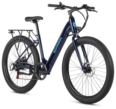 Electric Hybrid Bike With 350W Hub Motor, 27-Inch Wheels, Throttle Or Pedal Assist, Up To 20 MPH, Dope Daily Commute Cruiser For Adults, Lightweight Blue Frame Built For Easy Hills And All Day Comfort, side view
