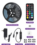 Lit RGB LED Strip Kit 32.8 Feet With 300 LEDs 5050 SMD Color Changing Flexible Light Strips For Home Theater TV Bedroom Party Easy Install With RF Remote And UL Power Supply, showing remote, connectors, and accessories.