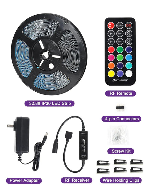 Lit RGB LED Strip Kit 32.8 Feet With 300 LEDs 5050 SMD Color Changing Flexible Light Strips For Home Theater TV Bedroom Party Easy Install With RF Remote And UL Power Supply, showing remote, connectors, and accessories.