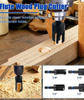 4-Flute Wood Plug Cutter in action, cutting wooden plugs in a workbench using Boss Quality 17 Piece Countersink Drill Bit Set With Hex Shank Wood Plug Cutters Screwdriver Bits And Extension Shaft For Quick DIY Builds That Come Together Without The Grind.