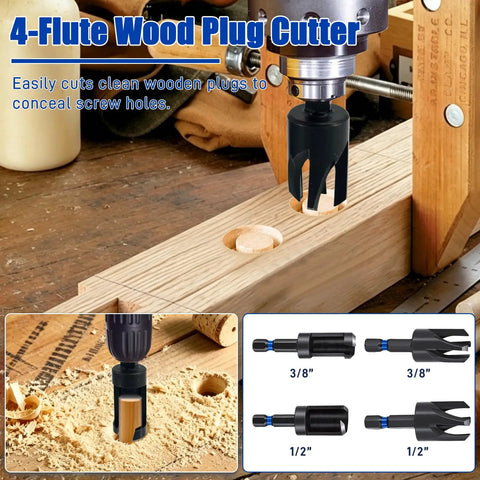 4-Flute Wood Plug Cutter in action, cutting wooden plugs in a workbench using Boss Quality 17 Piece Countersink Drill Bit Set With Hex Shank Wood Plug Cutters Screwdriver Bits And Extension Shaft For Quick DIY Builds That Come Together Without The Grind.