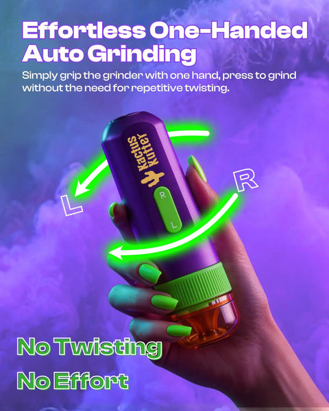 KactusKutter K1 Pro Electric Herb Grinder One-Handed Automatic Spice Mill held in hand with green nails and vibrant background.