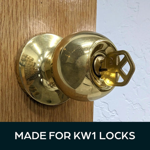 Premium Brass Kw1 Uncut Key Blanks Pack Of 50 For Home And Professional Use inserted in brass doorknob for locksmiths